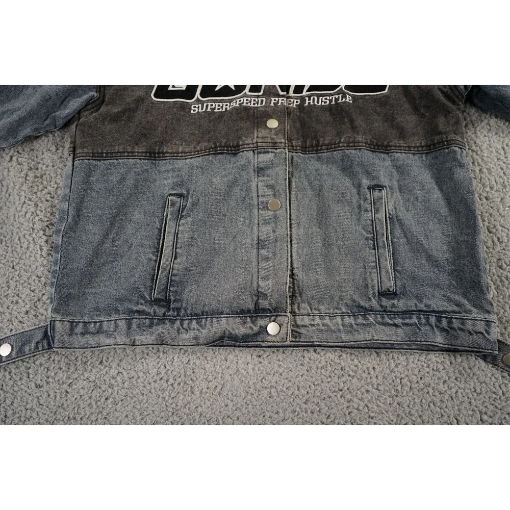 Pretty Little Thing Denim Jacket Womens 12 Blue Distressed Racing Button Up Logo
